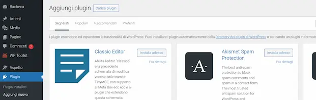 Aggiungere nuovi plugin in WordPress