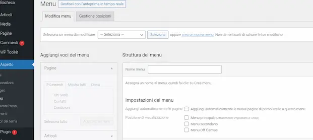 Creazione nuovo menu in WordPress