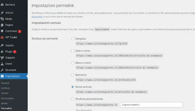 Impostazione  consigliabile per i Permalink su WordPress