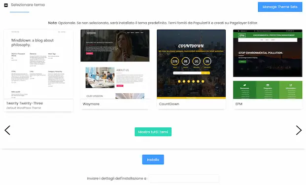 Modulo installazione WordPress selezione dei temi
